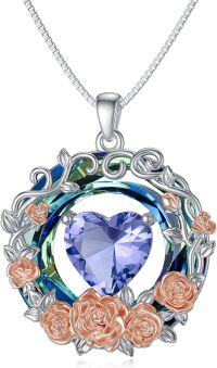 wholesale 925 Sterling Silver Blue Crystal Birthstone Flower Pendant Necklace for Women-06-June-Rose