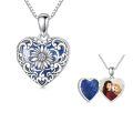 wholesale 925 Sterling Silver Heart Pendant Necklace With Photo Insert And Blue Floral Design-0-0