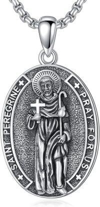 wholesale 925 Sterling Silver Saint Peregrine Pendant Necklace  with Cross and Staff Charm for Men's Religious Protection-St. Peregrine
