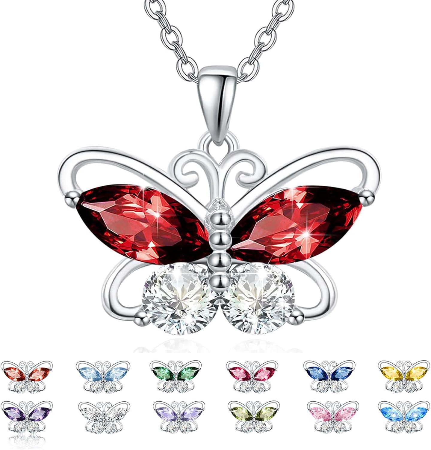 Sterling Silver Cubic Zirconia 12 Birthstone Butterfly Pendant Necklace-01-Jan.