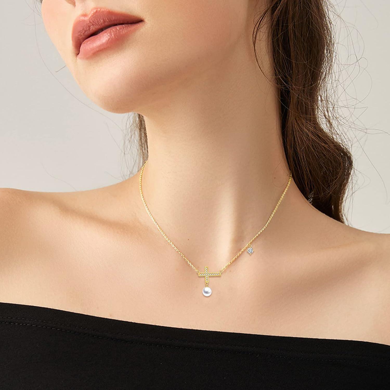 wholesale 925 Sterling Silver Plated 18k Yellow Gold Pearl & Cubic Zirconia Cross Pendant Necklace for Women-0-1