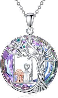 wholesale 925 Sterling Silver Purple Crystal Tree of Life Pendant Necklace with Swing Charm for Sisters and Brothers Gifts-Swing