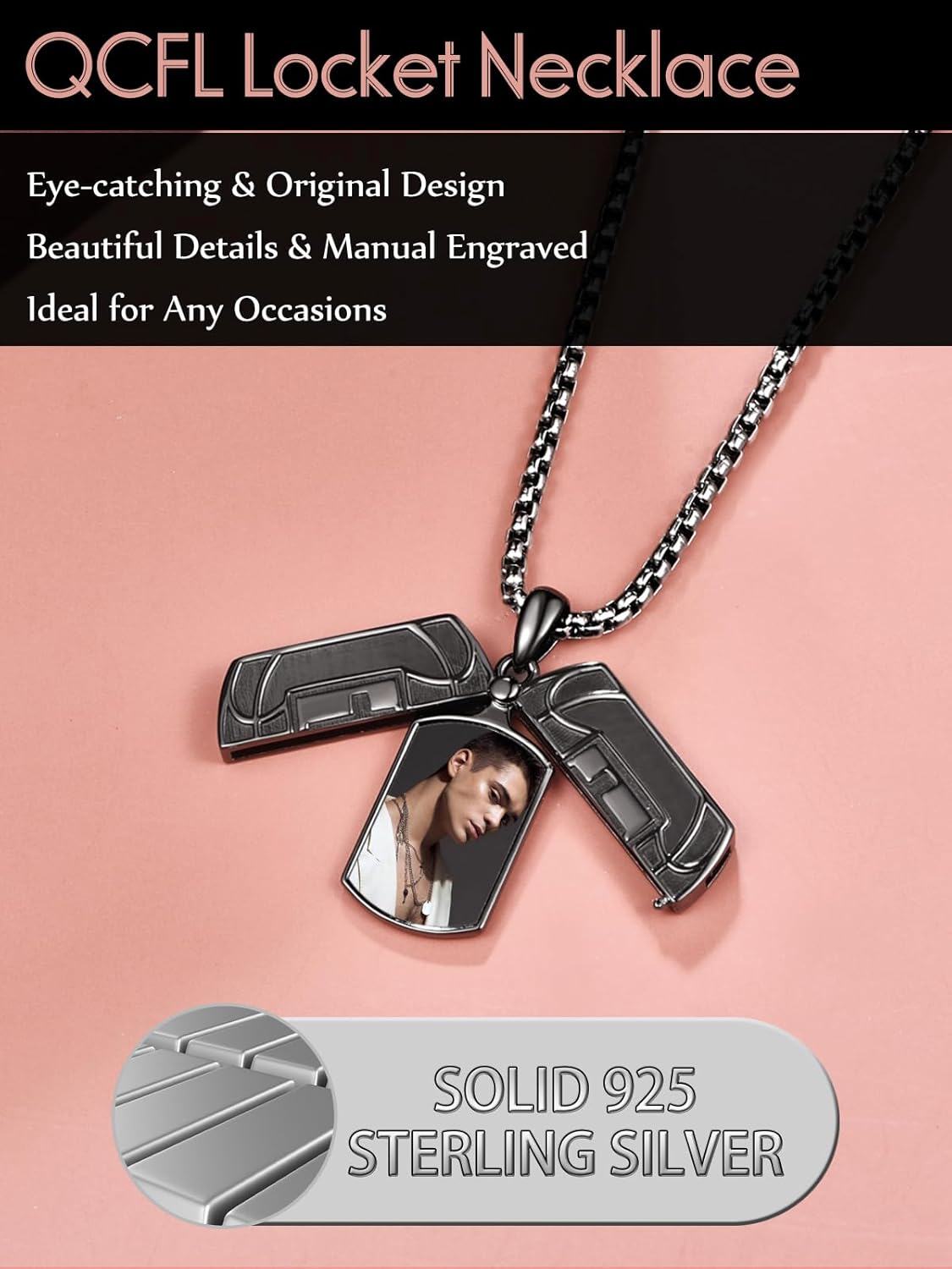 Sterling Silver Black Locket Necklace for Men Cross Pendant Jewelry Gift-0-5