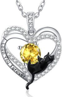 wholesale Sterling Silver Birthstone Cat Projection Heart Pendant Necklace-11 Nov - Citrine-11 Nov - Citrine