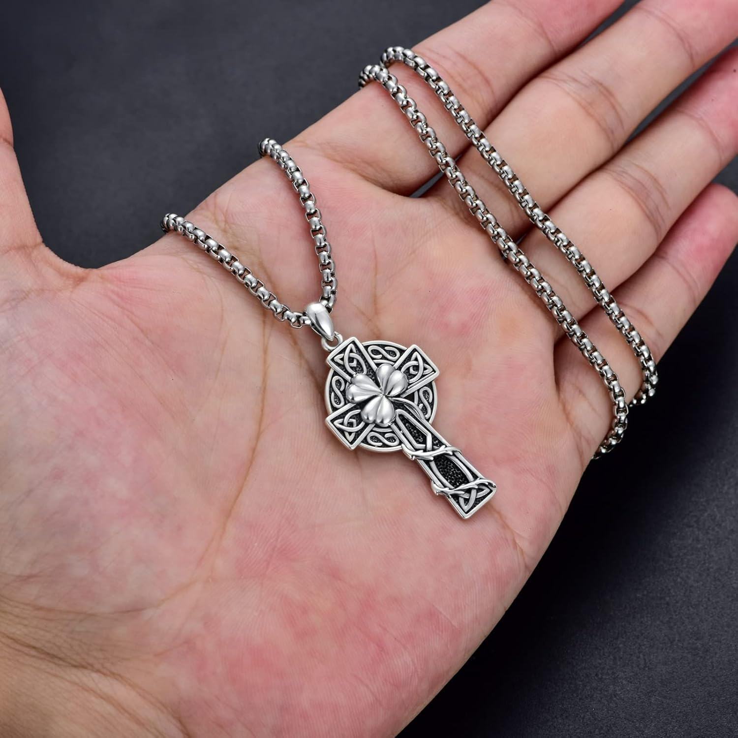wholesale 925 Sterling Silver & Stainless Steel Irish Cross with Celtic Knots and Shamrock Pendant on 24 Chain-0-5