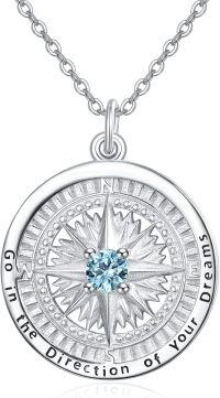 wholesale 925 Sterling Silver Compass Birthstone Necklace - 24mm, 18-20 Chain, Hypoallergenic, Gift for Women-B01-February