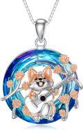 wholesale 925 Sterling Silver Blue Crystal Corgi Dog Guitar Pendant Necklace for Women-0-0