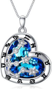 wholesale 925 Sterling Silver Blue Crystal Heart Zodiac Constellation Pendant Necklace-Aquarius(1.20-2.18)