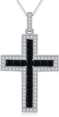 wholesale 925 Sterling Silver Black Onyx & Cubic Zirconia Cross Pendant Necklace for Women Christian Protection -Cross