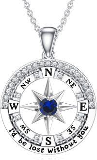 wholesale Sterling Silver Compass Birthstone Necklace  I d Be Lost Without You Pendant Jewelry for Women-Dark Blue