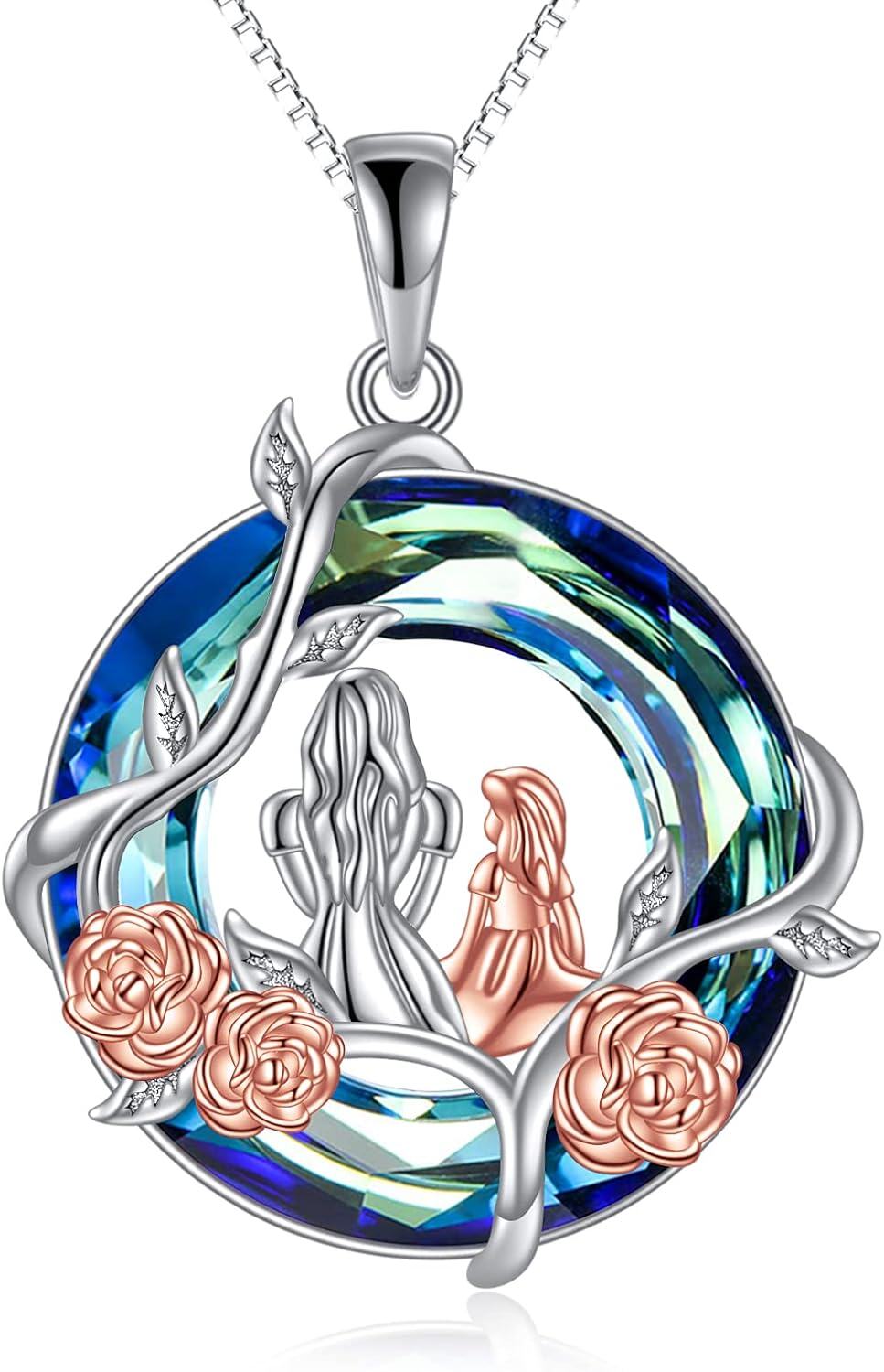 Sterling Silver Blue Crystal Mother and Children Rose Flower Necklace Gift for Mom-A-Mother Daughter A