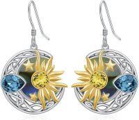 wholesale 925 Sterling Silver Round Sun & Stars Drop Dangle Earrings with Blue Topaz Gemstones Gifts for Women Girls Mom-Silver&Gold&Abalone Shell
