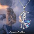 wholesale 925 Sterling Silver Mermaid on Crescent Moon with Flowers and Stars Pendant Necklace s for Women & Girls-0-5