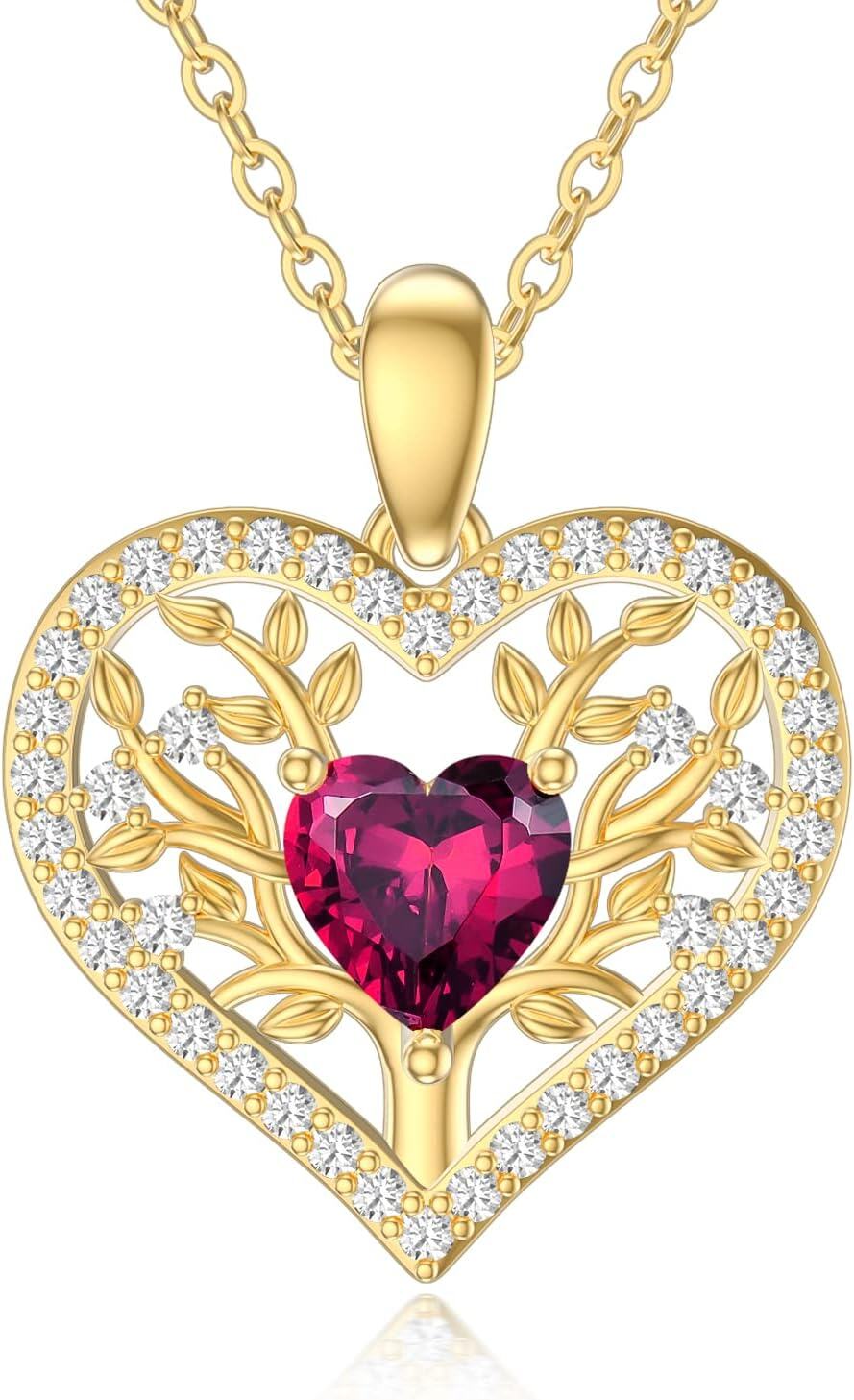 14K Yellow Gold Garnet Tree of Life Pendant Necklace 16+1+1 Inch-Ruby-7