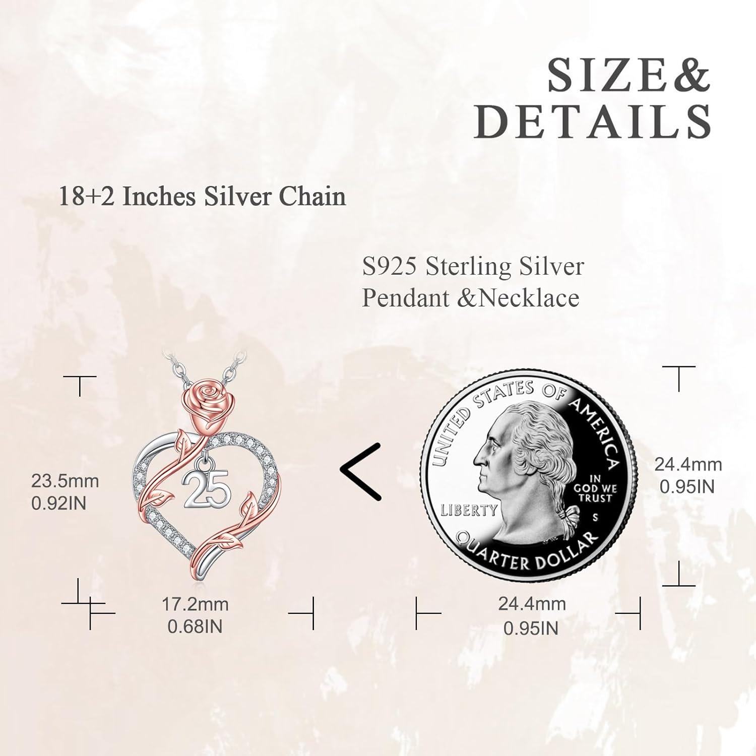 925 Sterling Silver 25th Anniversary Rose Flower Love Heart Pendant Necklace for Women-0-4
