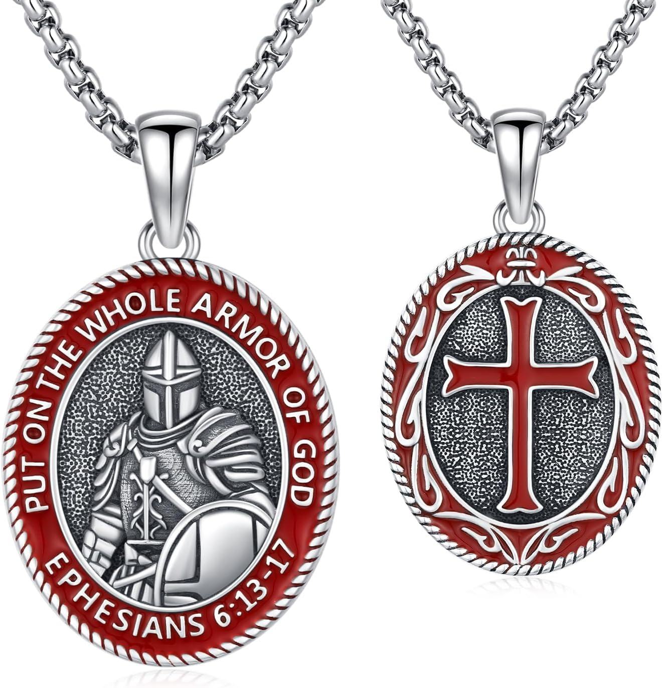 Sterling Silver Stone Saint George Shield Jesus Archangel Knight Templar Armor Pendant Necklace for Men-0-1