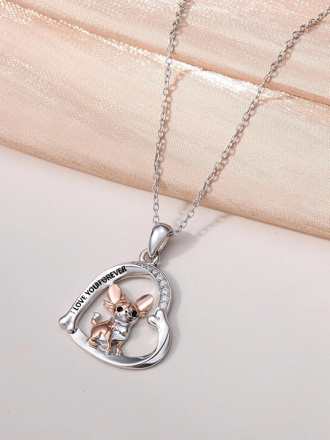 wholesale 925 Sterling Silver I Love You Forever Chihuahua Heart Pendant Necklace for Women Girls Gifts-0-4