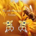 wholesale 925 Sterling Silver Honeycomb Bee Stud Earrings with Blue Crystal Eyes and Gold Accents-0-5