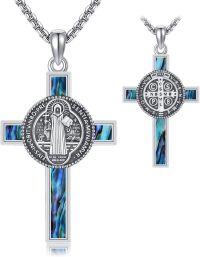 wholesale 925 Sterling Silver Abalone Shell Cross Pendant Necklace with Rose Crucifix and Saint Benedict Design-St Benedict Cross