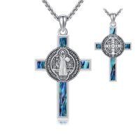 wholesale 925 Sterling Silver Abalone Shell Cross Pendant Necklace with Rose Crucifix and Saint Benedict Design-St Benedict Cross
