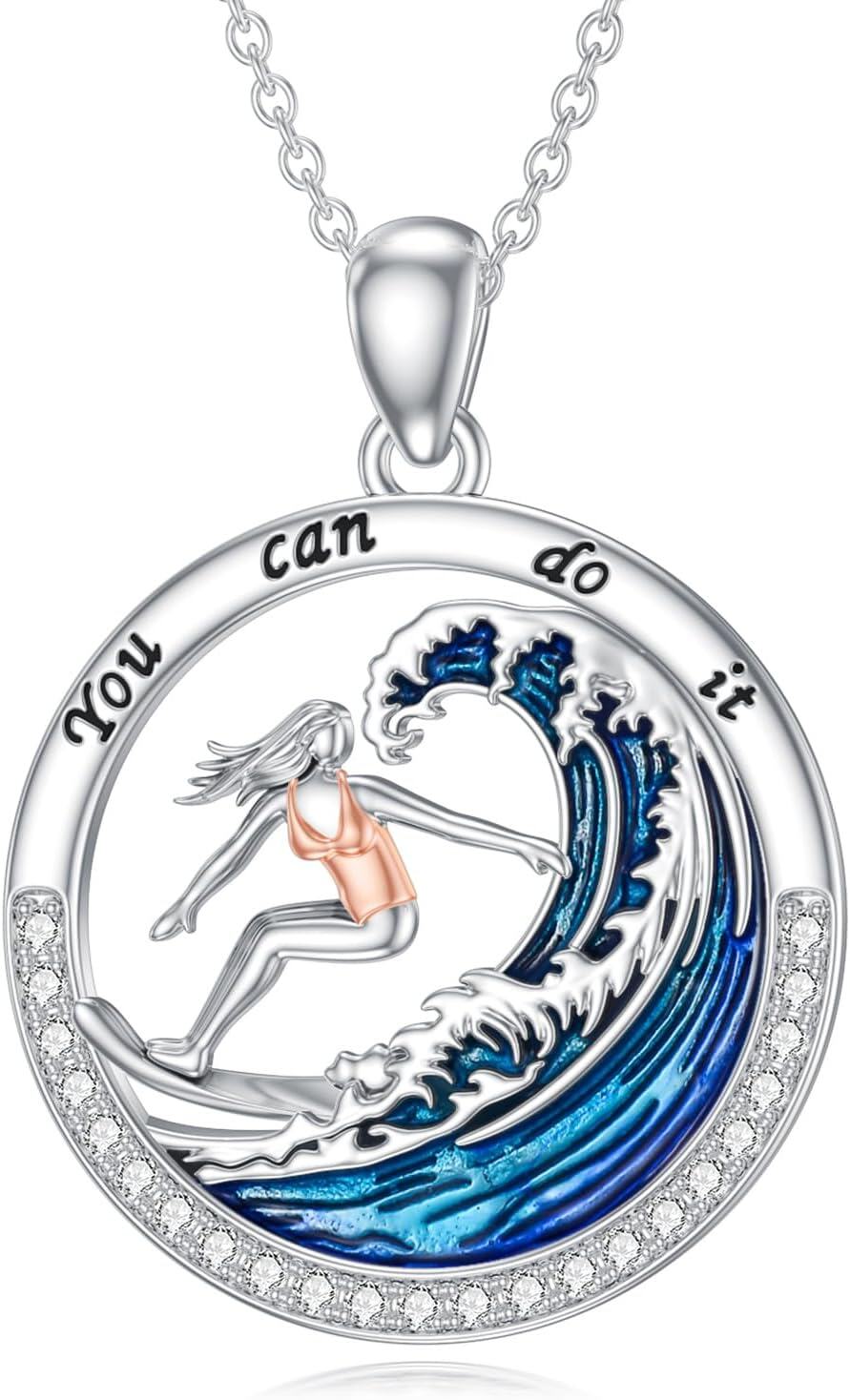Sterling Silver Sports Necklace for Women Fitness Jewelry Gift-07-Surfing Necklace