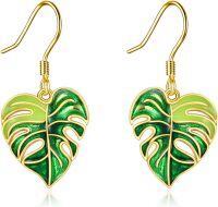 wholesale 925 Sterling Silver Green Enamel Monstera Leaf Dangle Drop Earrings for Women Boho Beach Fashion Jewelry 4cm Long-monstera