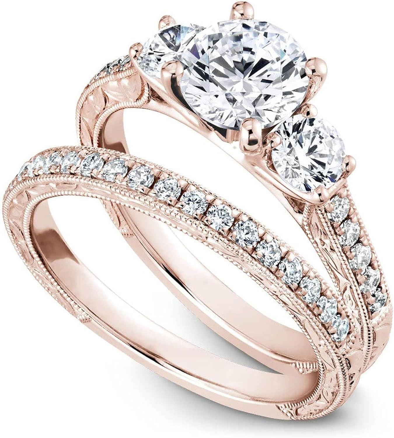 Sterling Silver White Yellow Rose Gold Moissanite D VVS1 Round Bridal Ring Set for Women-7 Filigree-3 Pcs Moissanites-Rose Gold Plated
