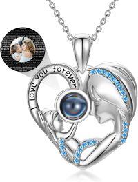 wholesale 925 Sterling Silver 925 Blue Crystal Heart Angel I Love You Projection Necklace Gift for Mom Wife Girlfriend-H-Mom+Photo