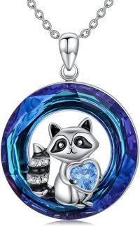 wholesale 925 Sterling Silver Blue Crystal Raccoon Heart Pendant Necklace-Raccoon