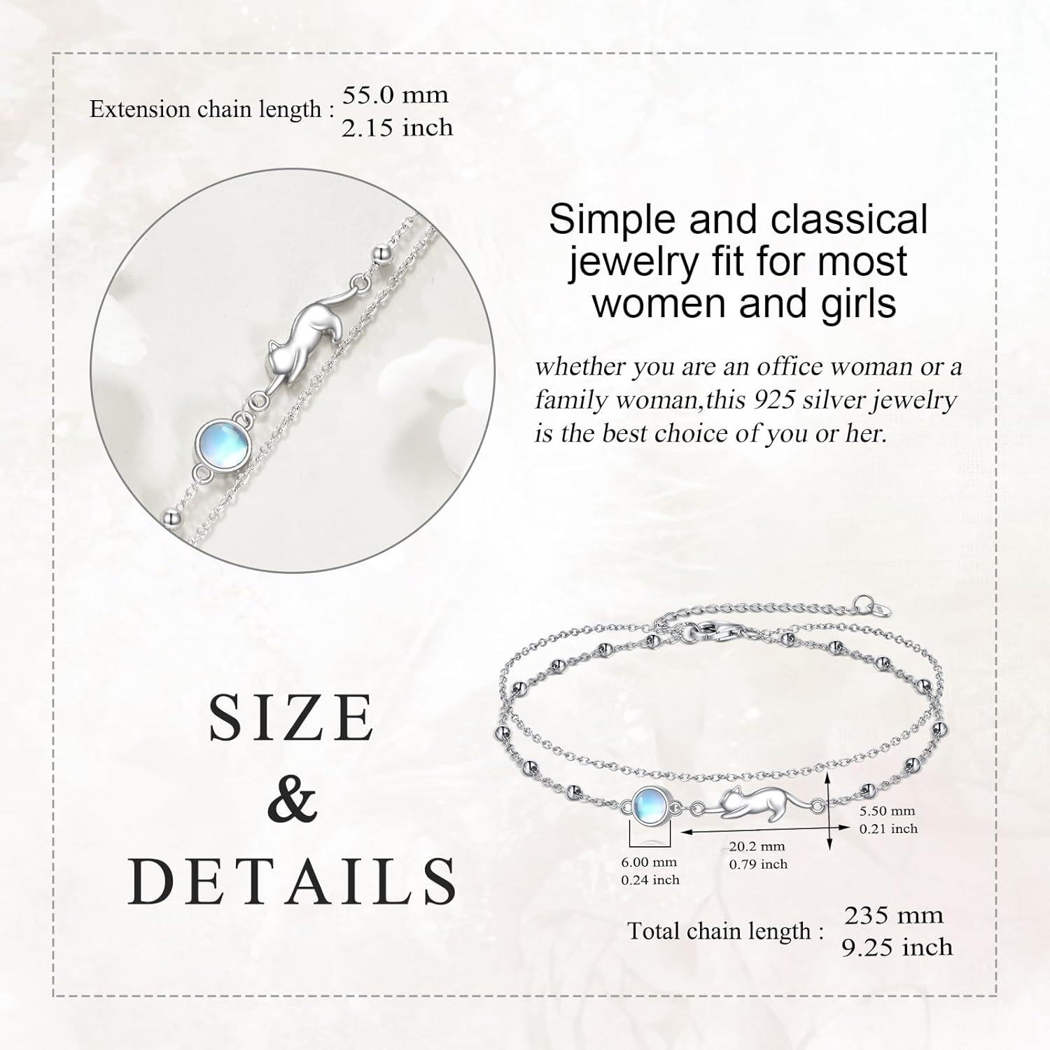 925 Sterling Silver Cat Charm Moonstone Beaded Chain Anklet Jewelry for Women Girls Gift 6-8 Adjustable Length-0-3