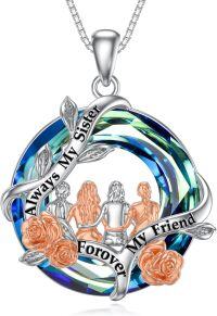 wholesale 925 Sterling Silver Blue Swarovski Crystal Rose Flower Sister's Circle Pendant Necklace-A-Sister Necklace for 4-Blue-Letter