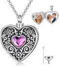wholesale 925 Sterling Silver 925 Heart-Shaped Purple Crystal Cremation Keepsake Pendant w/Funnel & Photo Insert - Memorial Jewelry for Ashes (Heart)-0-0