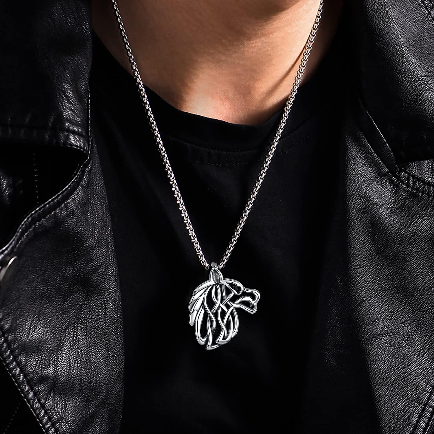 wholesale 925 Sterling Silver Horse Head Necklace with Black CZ Eyes and Celtic Knot Design - 30+2 Extender Chain-0-2