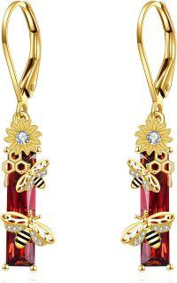 wholesale 925 Sterling Silver & Zircon Bee Earrings with Sunflower Motifs, Adorable Honey Bee Design, Black & White Stripes, Sparkling Accents, 35.6mm Dangle-Red Crystal