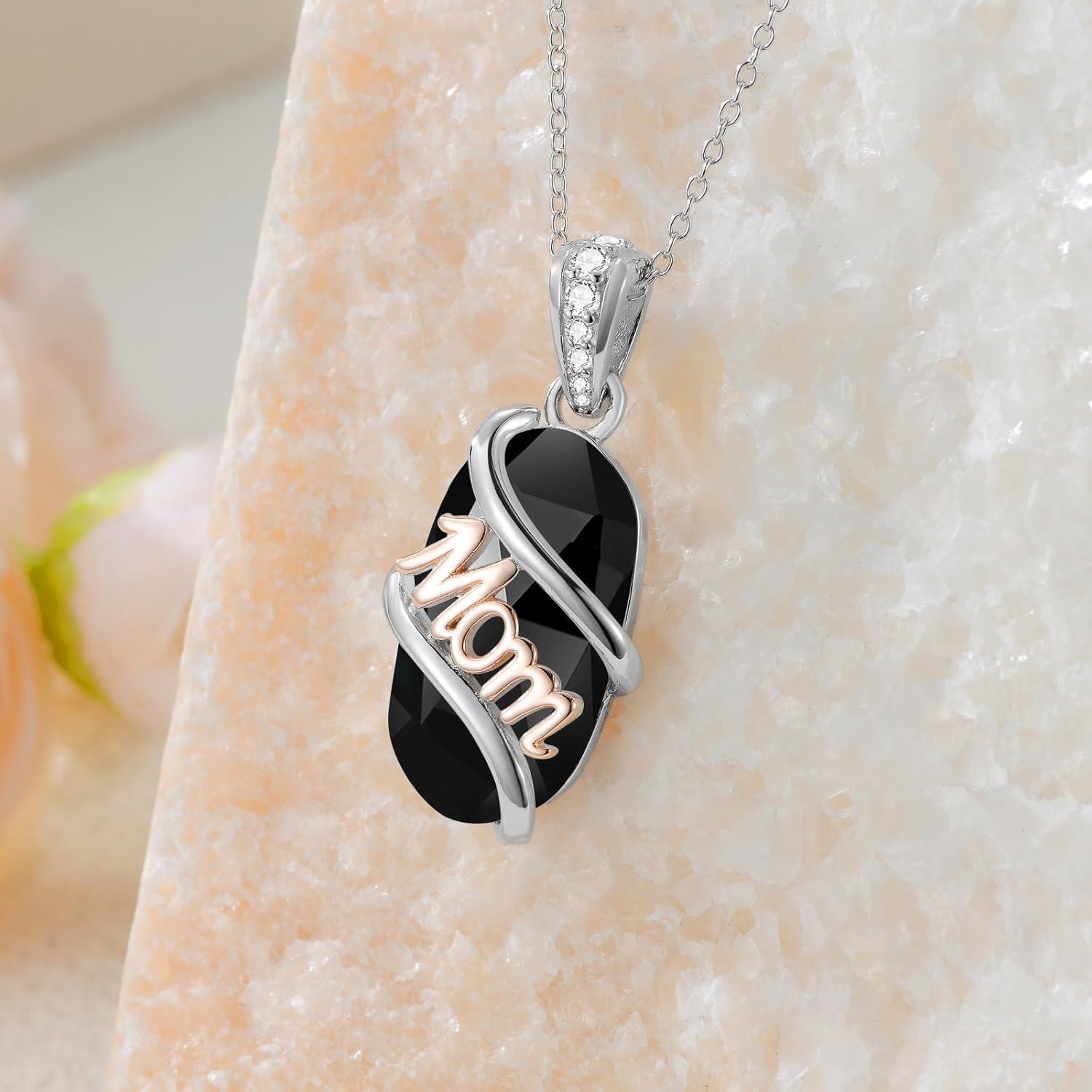 925 Sterling Silver Black Onyx Mom Pendant Necklace for Women's Gifts-0-4