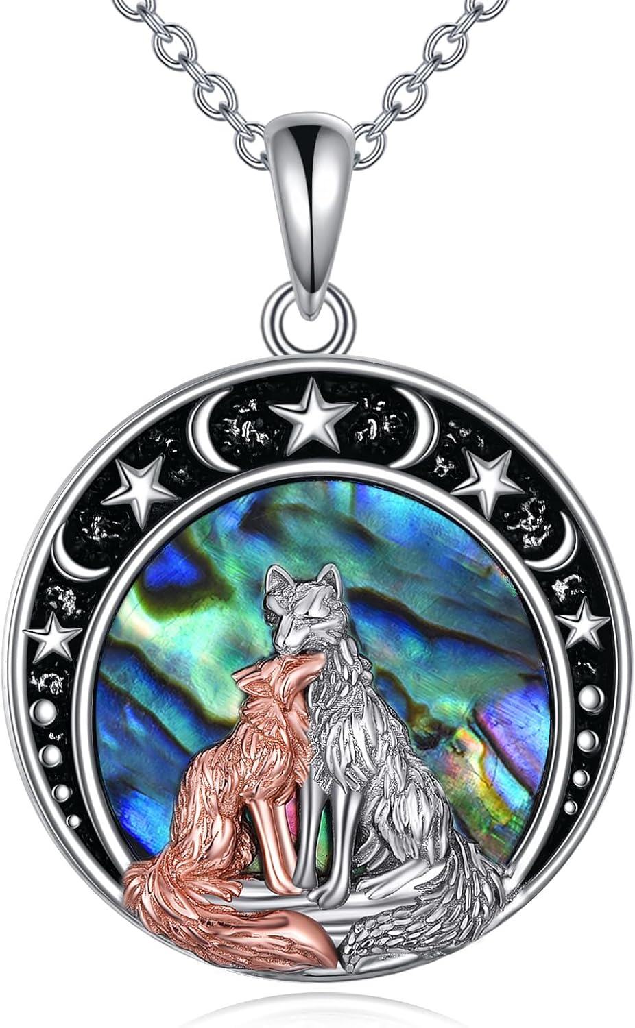 Sterling Silver Moon Star Necklace w Cat Wolf Fox Pendant Jewelry Gift-Fox necklace