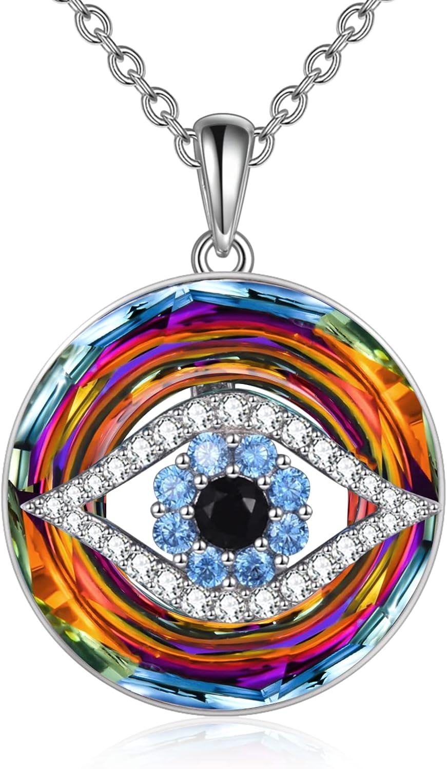 Sterling Silver Crystal Evil Eye Necklace Pendant for Women Protection Good Luck Gift-A-Volcanic crystal