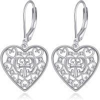 wholesale 925 Sterling Silver Cross & Cubic Zirconia Heart Drop Earrings-Filigree Cross