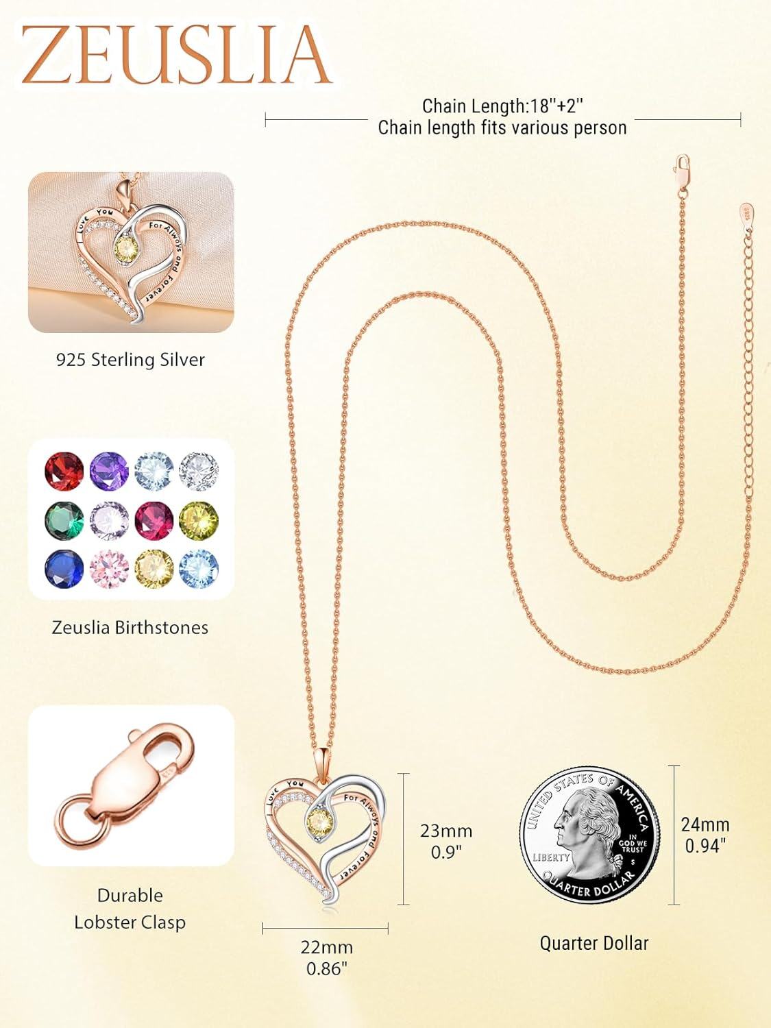 Sterling Silver Rose Gold Snake Pendant with Birthstone I Love You Always Forever Necklace Cute Animal Jewelry Gifts for Women-0-5