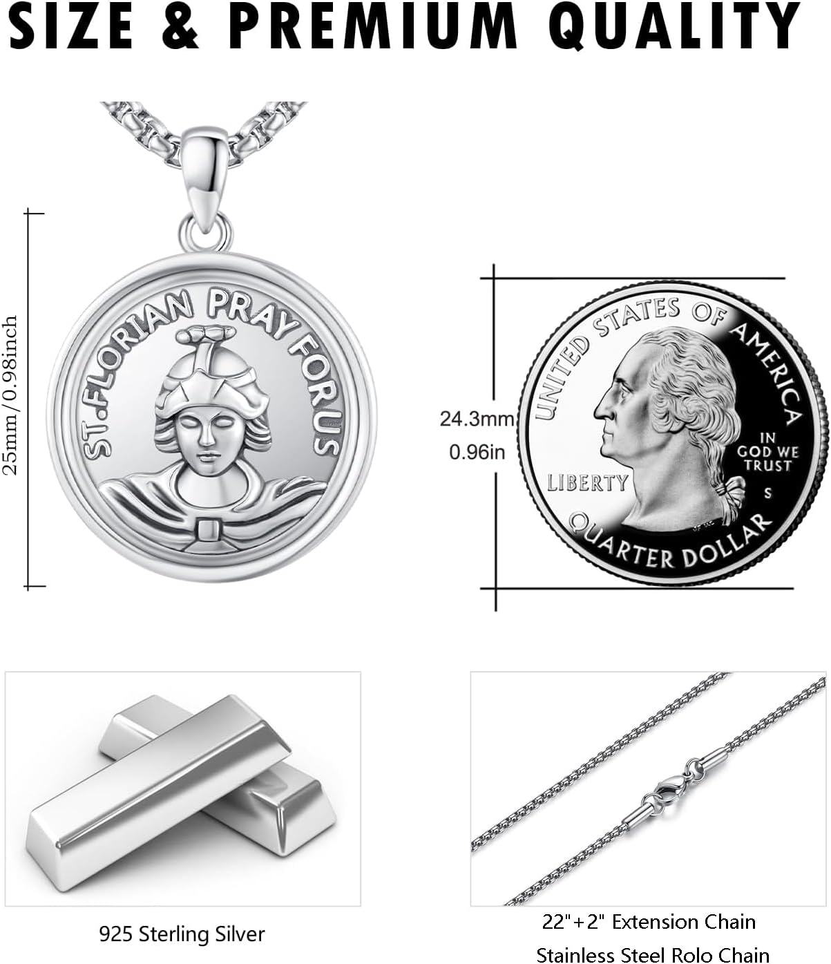 925 Sterling Silver St. Florian Prayer for Us Medal Necklace Pendant Charm-0-3
