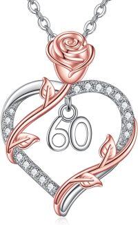wholesale 925 Sterling Silver 60th Anniversary Rose Flower Love Heart Pendant Necklace for Women-60th
