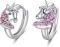wholesale 925 Sterling Silver Pink Crystal Unicorn Huggie Hoop Earrings for Girls and Women's Gifts-0-0