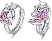 wholesale 925 Sterling Silver Pink Crystal Unicorn Huggie Hoop Earrings for Girls and Women's Gifts-Pink
