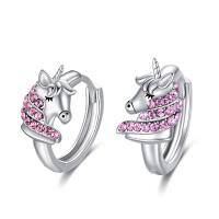 wholesale 925 Sterling Silver Pink Crystal Unicorn Huggie Hoop Earrings for Girls and Women's Gifts-Pink