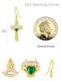 wholesale 925 Sterling Silver Emerald Green Stone Claddagh Cross Drop Earrings-0-2