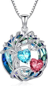 wholesale 18K White Gold Filled Sterling Silver Family Tree Pendant with 2 Heart Birthstones Blue Austrian Crystal Necklace for Women-03-07-Mar-Jul Birthstone