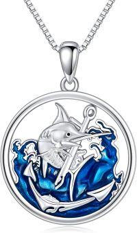 wholesale 925 Sterling Silver Marlin Fish Pendant Necklace with Blue Enamel Wave Design Gift for Women and Girls-4-Marlin