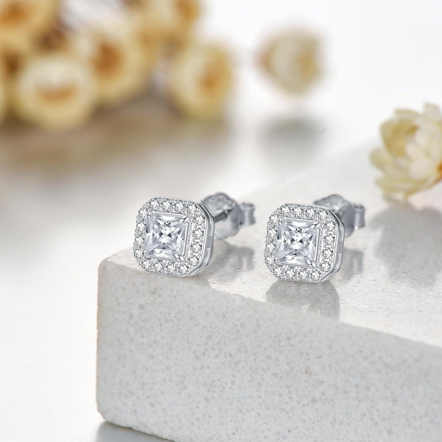 wholesale 925 Sterling Silver Platinum Asscher Cut Halo Stud Earrings with Moissanites and Cubic Zirconia (D Color VVS Clarity)-0-1