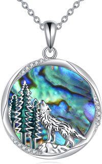 wholesale 925 Sterling Silver Round Wolf Tree Abalone Shell Pendant Necklace with Cubic Zirconia - Cute Gift for Women-wolf necklace