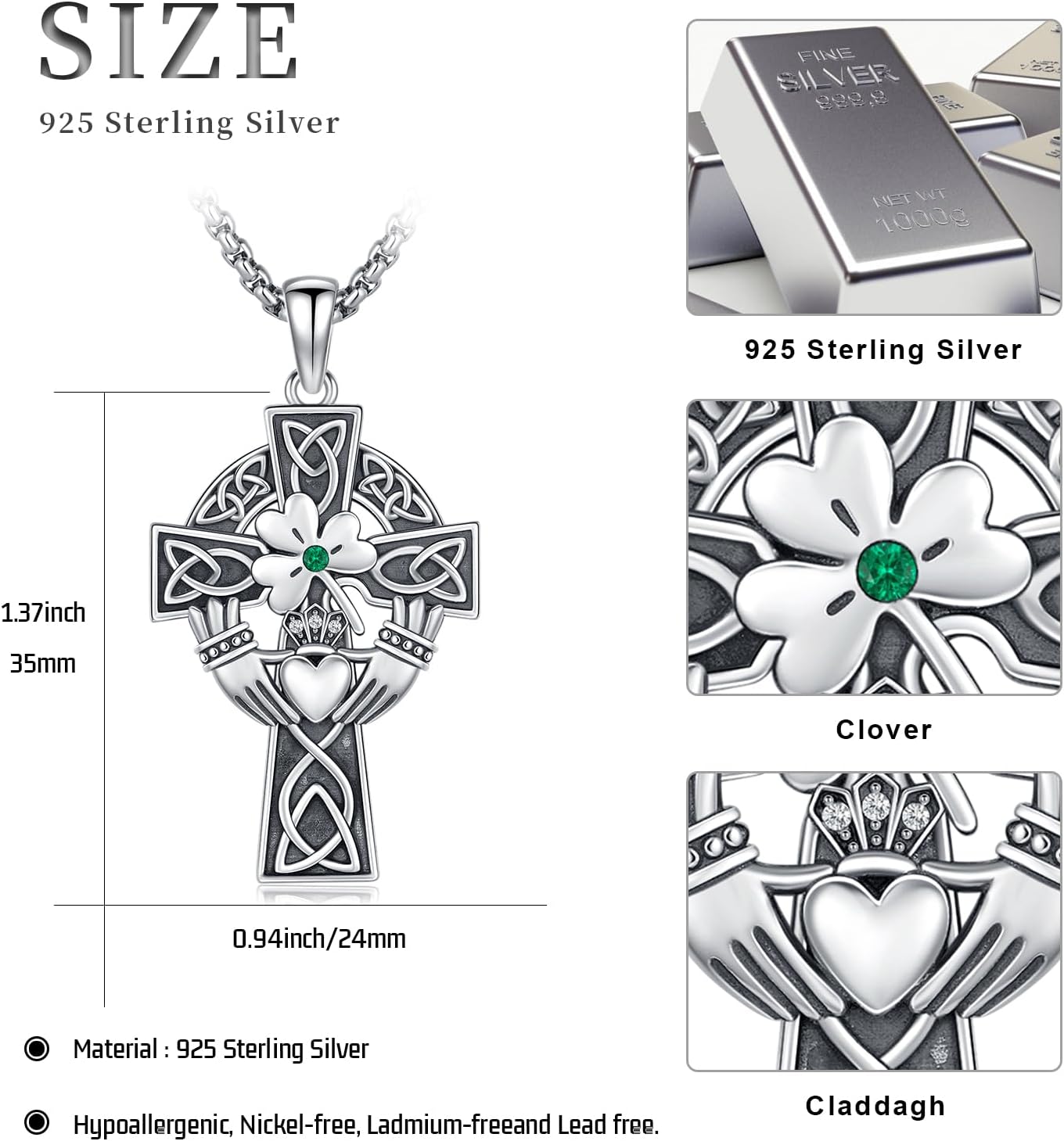 925 Sterling Silver Celtic Cross Pendant with Green Emerald and Trinity Knots - Mens Womens Christian Religious s-0-3